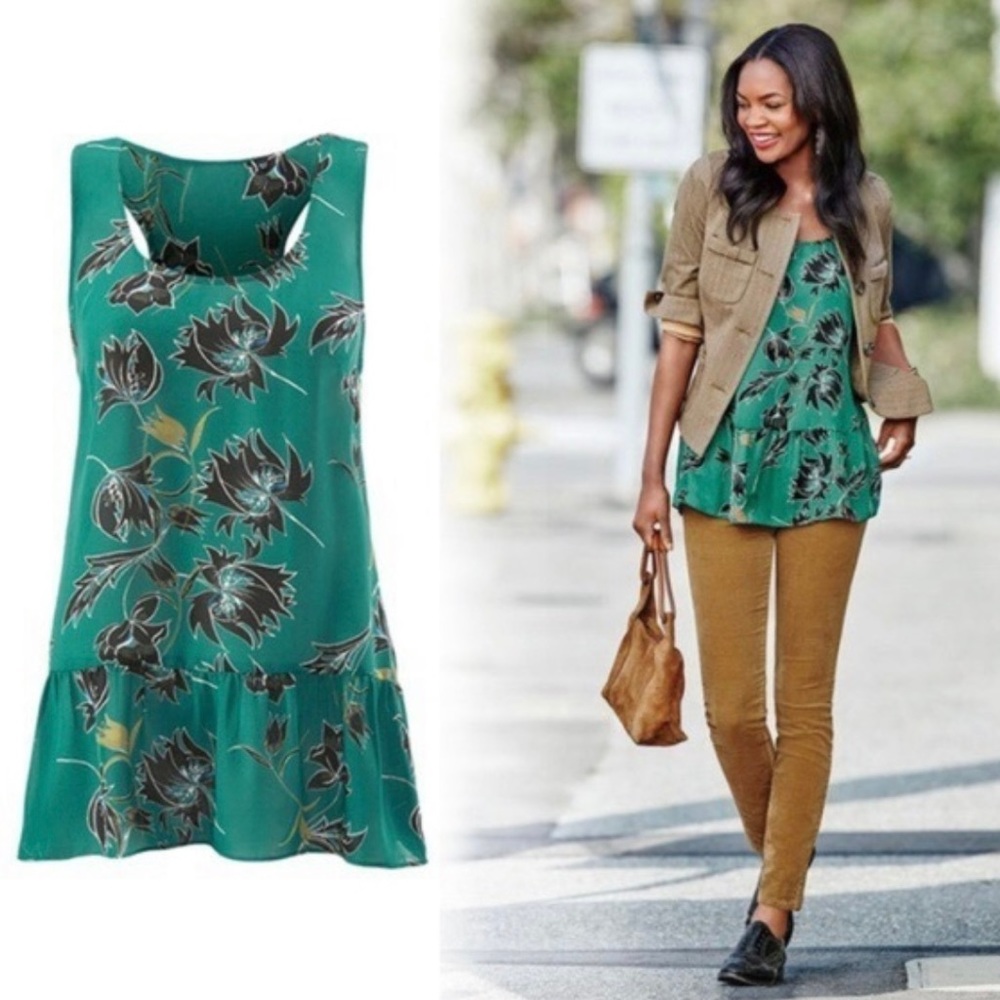 CAbi Women’s Sleeveless Peplum Top in a Green Floral Design, Size Small